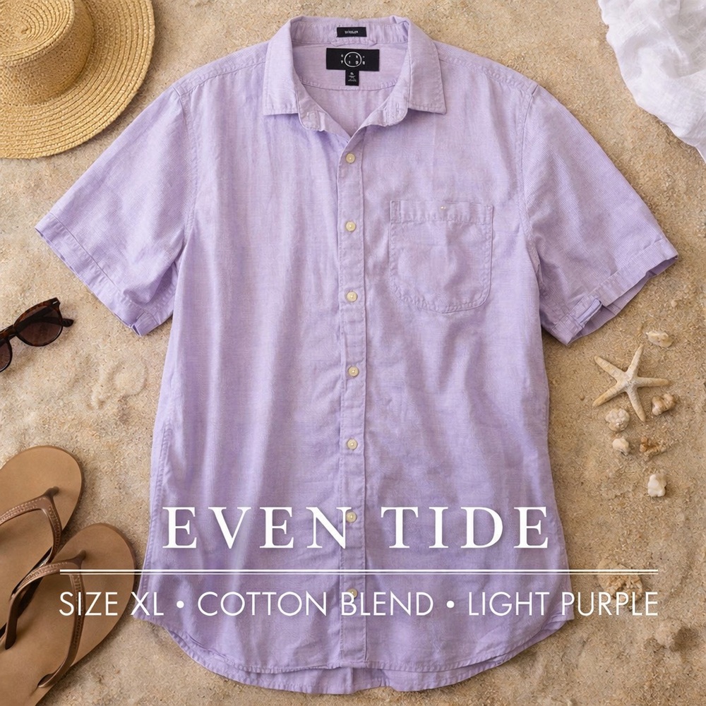 Even Tide Button Down Shirt XL Light Purple‎ Short Sleeve Casual Cotton Beach